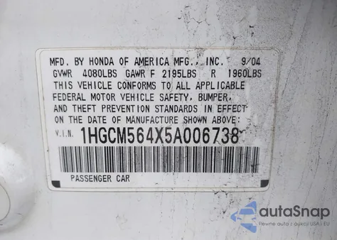 2005 Honda Accord 2.4 Lx из США, поврежденный, VIN 1HGCM564X5A006738